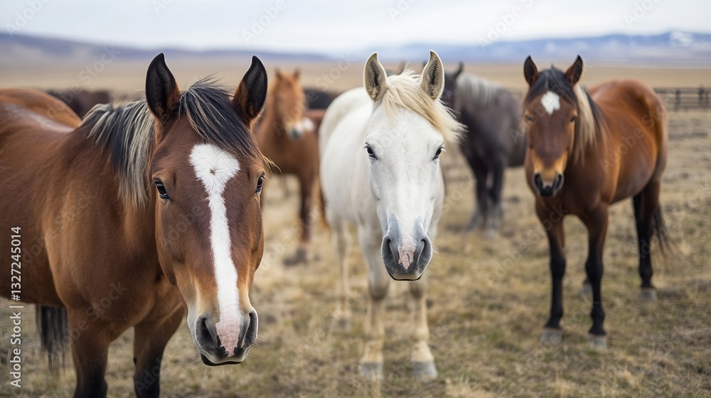 Obraz premium Group of friendly horses standing together in a vivid green meadow showcasing their beauty and strength in nature : Generative AI