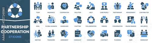 Partnership and cooperation colored signed icon collection. Team, help, contributor, collaboration, seminar icons. UI icon set. Colored icons pack. Vector illustration