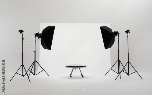 Studio photography setup with a round platform, two softbox lights on tripods, and a white backdrop. Clean, minimalist style