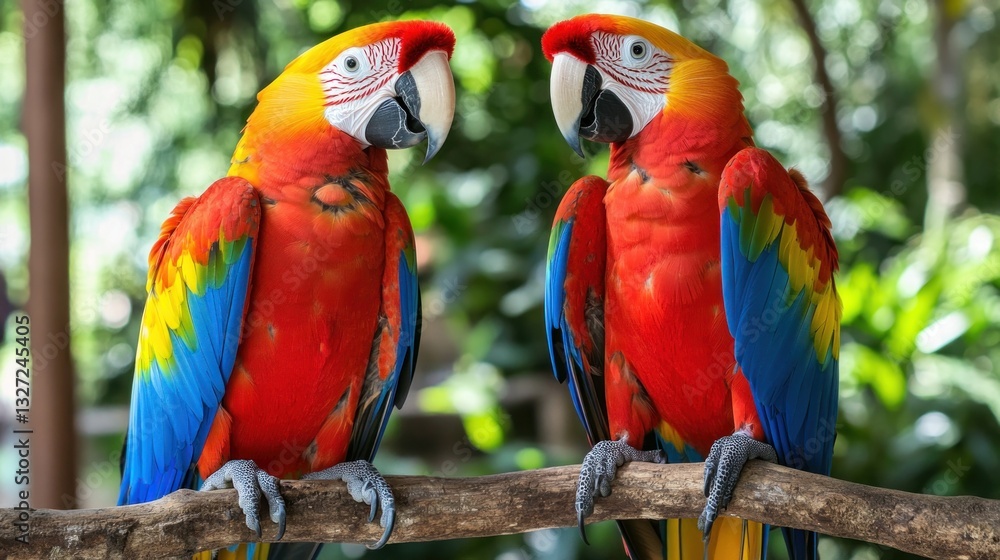 Colorful macaws facing each other in a jungle setting Colorful macaws facing each other in a jungle setting