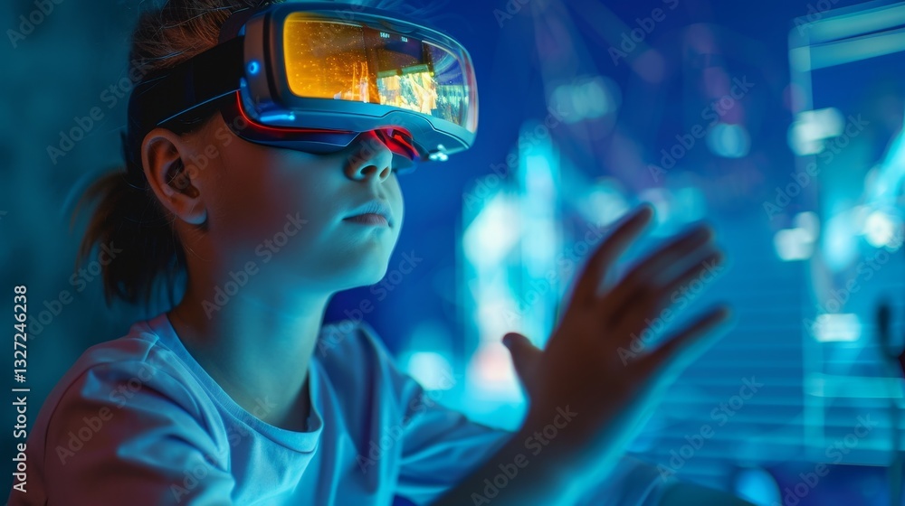 Child Engaged in Virtual Science Experiment with VR Headset and Interactive Screen Child Engaged in Virtual Science Experiment with VR Headset and Interactive Screen
