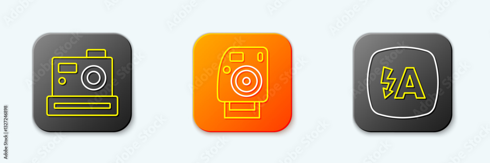 Set line Photo camera, and Auto flash icon. Vector Set line Photo camera, and Auto flash icon. Vector