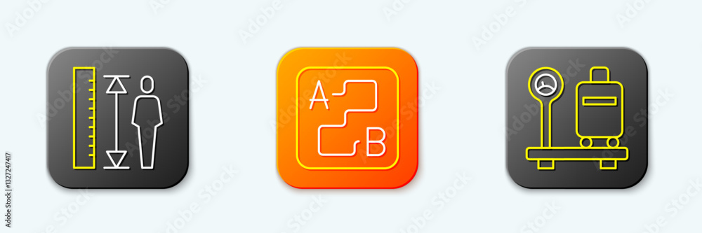 Set line Measuring height body, Route location and Scale with suitcase icon. Vector Set line Measuring height body, Route location and Scale with suitcase icon. Vector