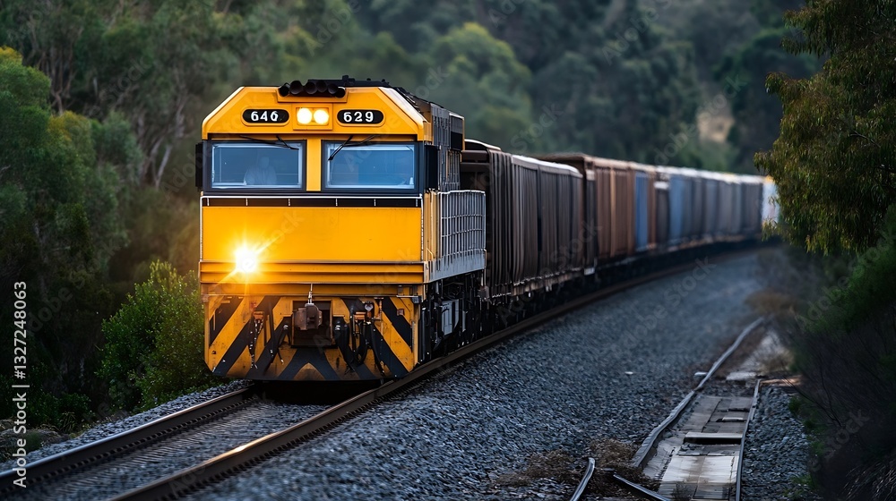 Obraz premium Vibrant freight train navigating through a scenic landscape with trees and mountains in the background : Generative AI