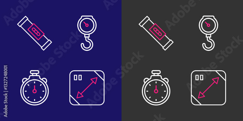 Set line Diagonal measuring, Stopwatch, Hand scale spring mechanical and Construction bubble level icon. Vector