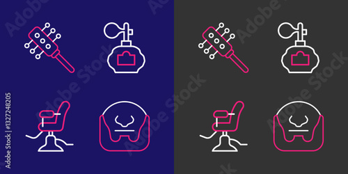 Set line Mustache and beard, Barbershop chair, Aftershave and Hairbrush icon. Vector