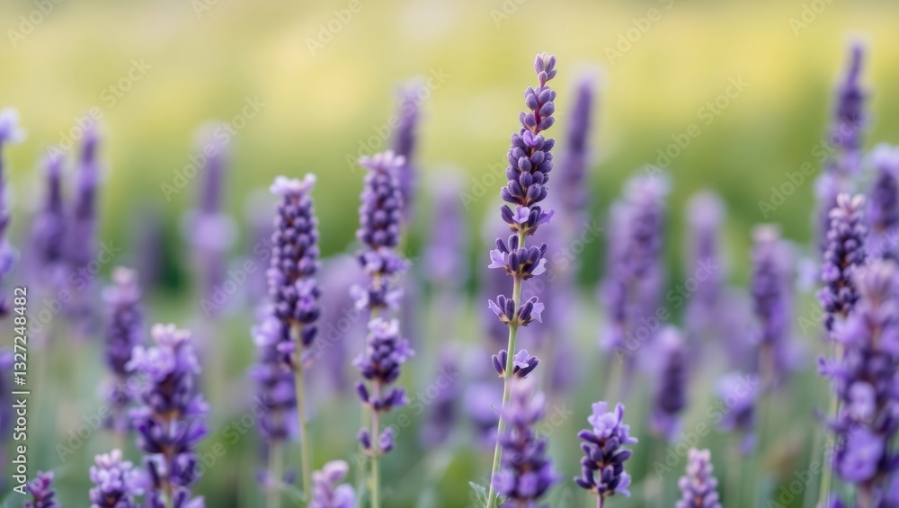 Naklejka premium Lavender flowers blooming in a field creating a relaxing atmosphere