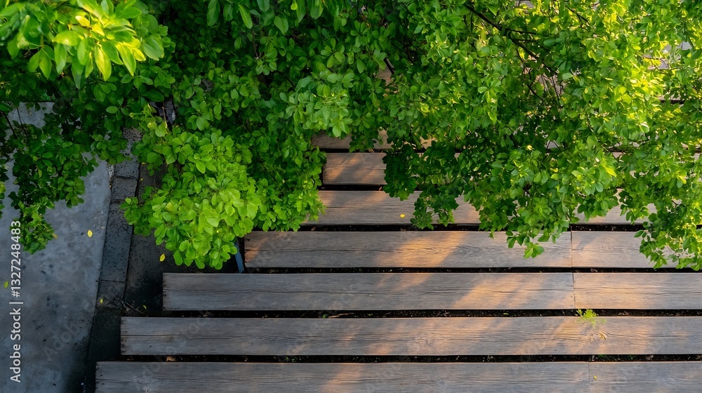 Top View of Wooden Deck Surrounded by Lush Green Foliage and Sunlight : Generative AI Top View of Wooden Deck Surrounded by Lush Green Foliage and Sunlight : Generative AI