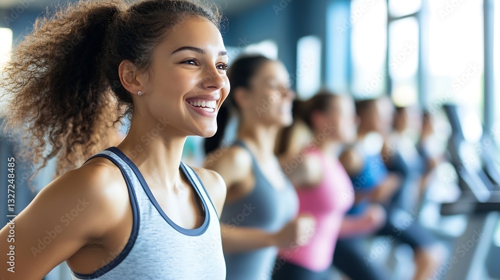 Joyful Female Athlete Smiling While Working Out with Friends in Bright Modern Gym Environment : Generative AI Joyful Female Athlete Smiling While Working Out with Friends in Bright Modern Gym Environment : Generative AI
