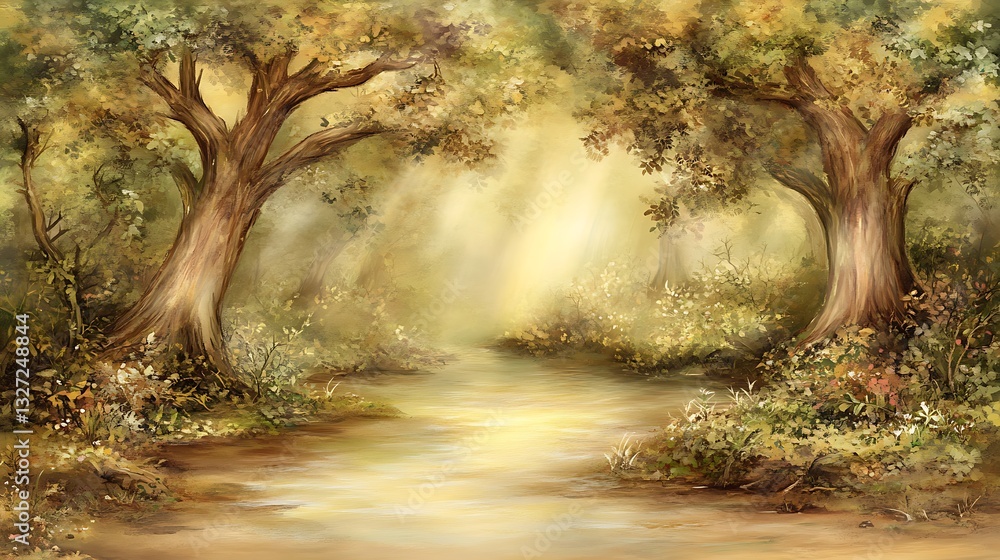 Obraz premium Autumn forest trail with sunlight, illustration