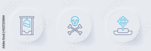Set line Tombstone with cross, Skull crossbones and Guillotine icon. Vector