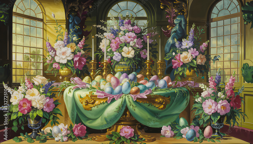 Fototapeta premium festive easter table decorated with pastel eggs blooming tulips bunny figurines floral wreaths springtime colors vibrant ribbons woven baskets delicate lace linens bright cheerful holiday setting
