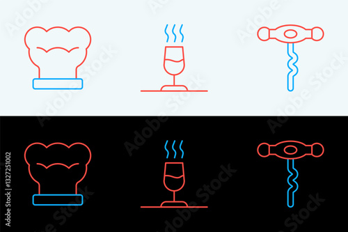 Set line Wine corkscrew, Chef hat and tasting, degustation icon. Vector