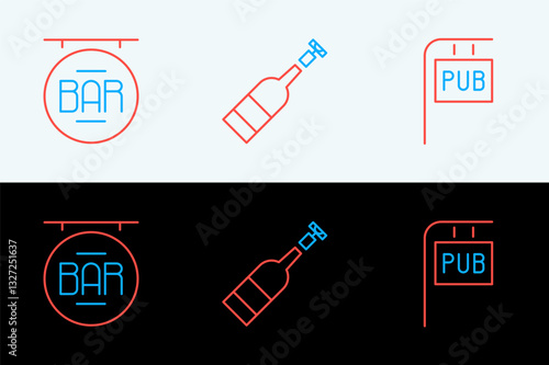 Set line Street signboard with Pub, Bar and Opened bottle of wine icon. Vector