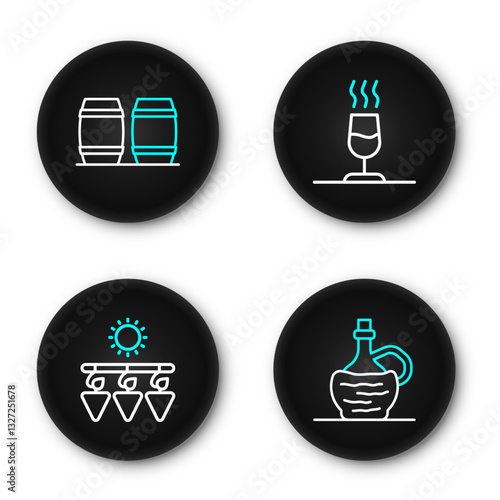 Set line Wine in italian fiasco bottle, Drying grapes, tasting, degustation and Wooden barrel for wine icon. Vector