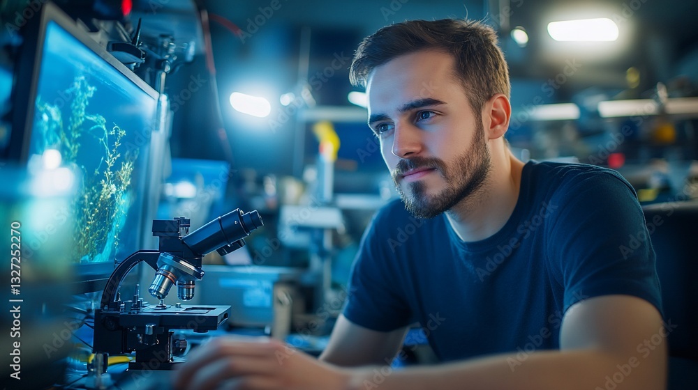Scientist working on computer with microscope. Scientist working on computer with microscope.
