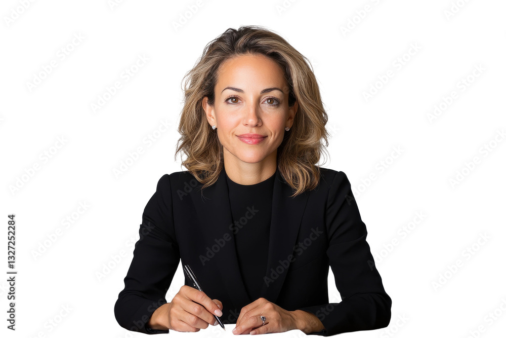 Businesswoman in black suit writing on paper, isolated on transparent background Businesswoman in black suit writing on paper, isolated on transparent background
