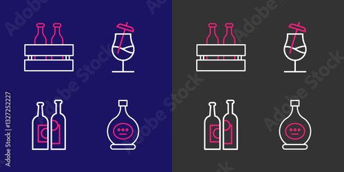 Set line Bottle of cognac or brandy, Bottles wine, Cocktail and Pack beer bottles icon. Vector