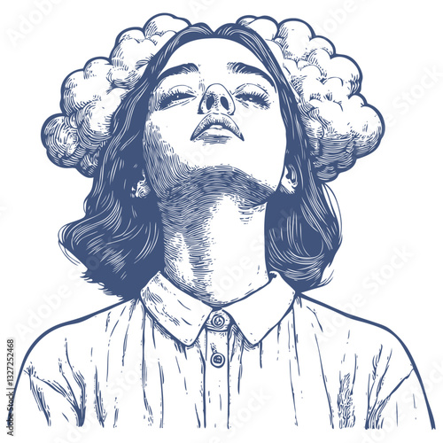 Vector illustration of a young person with medium-length hair. a detailed engraving style with blue monochrome coloring and cloud elements surrounding the head.