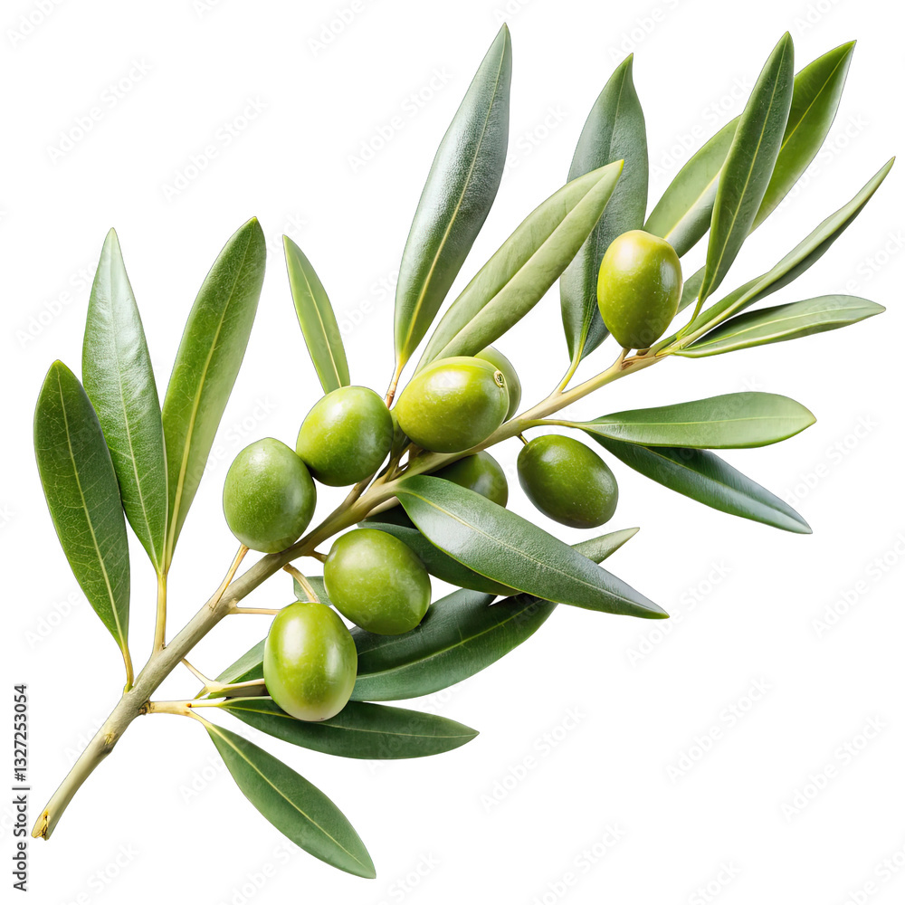 A branch with green olives is shown against a white background highlighting the freshness of the olives and vibrant green leaves A branch with green olives is shown against a white background highlighting the freshness of the olives and vibrant green leaves