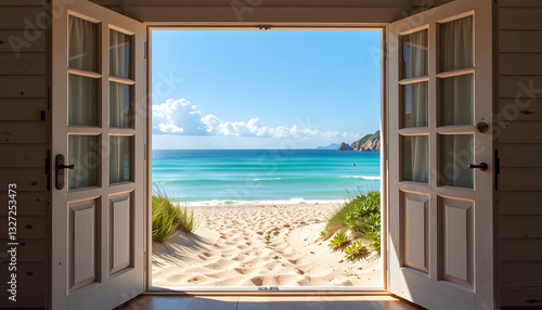 Wallpaper Mural Open white doors revealing a stunning beach view with turquoise ocean and sunny sky Torontodigital.ca