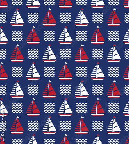 Seamless nautical pattern with sailboats and waves. Vector.