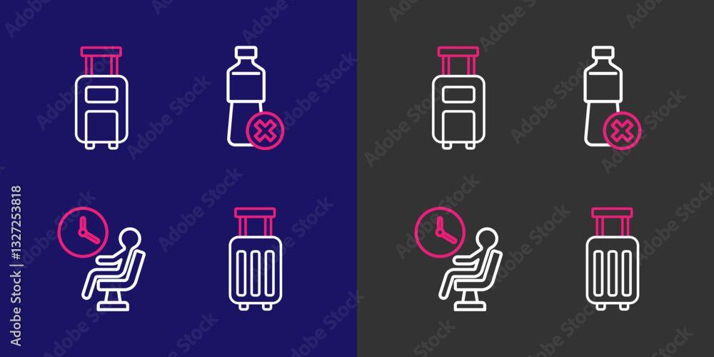 Set line Suitcase, Human waiting in airport terminal, No water bottle and icon. Vector Set line Suitcase, Human waiting in airport terminal, No water bottle and icon. Vector