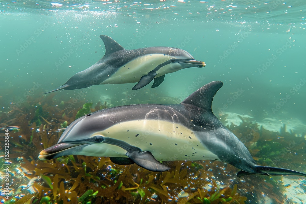 Obraz premium Two dolphins swimming in the ocean