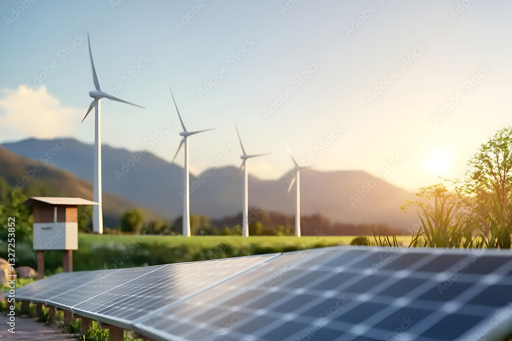 Obraz premium Renewable energy landscape with wind turbines and solar panels in mountainous setting at sunset