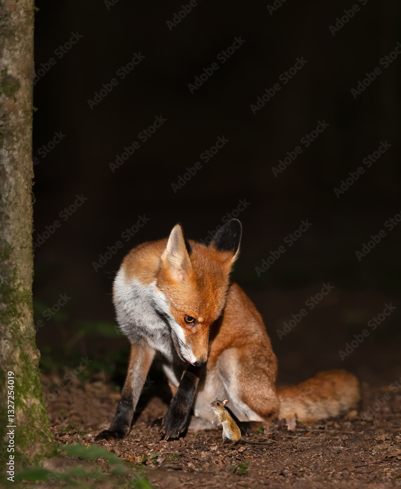 Naklejka premium Portrait of a red fox looking at a wood mouse in a forest at night