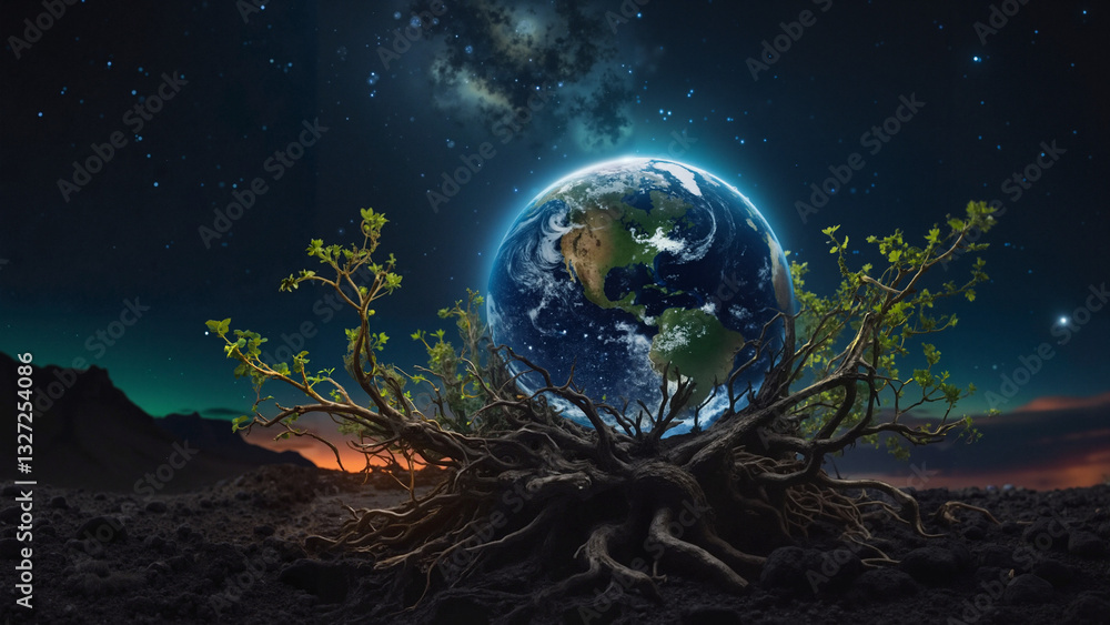 Obraz premium Earth surrounded by roots and stars in a cosmic landscape
