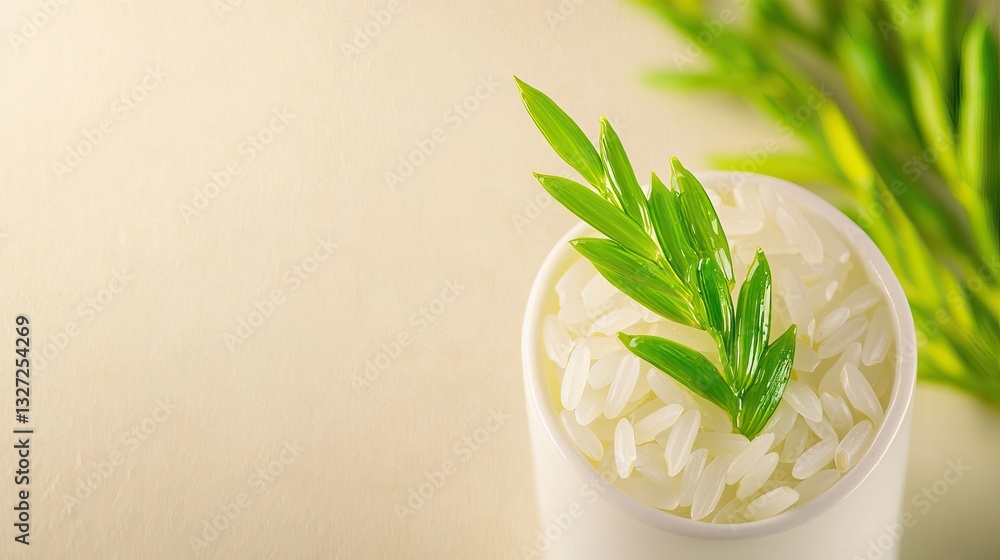 A minimalistic image featuring a cup of rice garnished with fresh green leaves, set against a soft, light background. A minimalistic image featuring a cup of rice garnished with fresh green leaves, set against a soft, light background.