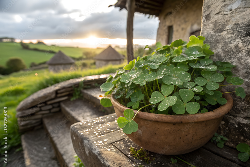 Rustic clay pot filled with fresh clover, dewdrops on leaves in golden evening sunlight, countryside atmosphere Rustic clay pot filled with fresh clover, dewdrops on leaves in golden evening sunlight, countryside atmosphere