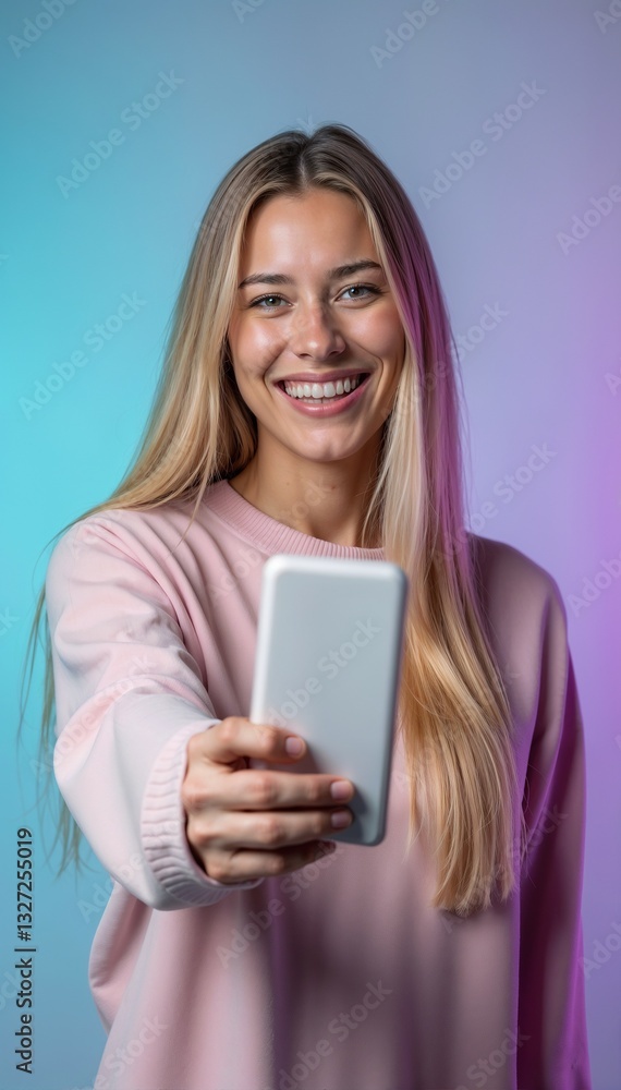 Cheerful Young Blonde Woman in Pink Taking Selfie Against Gradient Background Cheerful Young Blonde Woman in Pink Taking Selfie Against Gradient Background