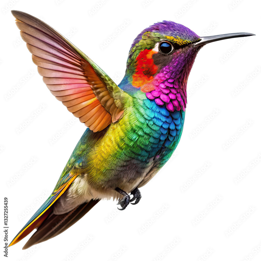 Obraz premium A small hummingbird showcases its stunning rainbow colored feathers as it hovers near blooming flowers in a bright garden under sunny skies