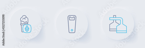 Set line Beer brewing process, Bottle opener and Glass of beer icon. Vector