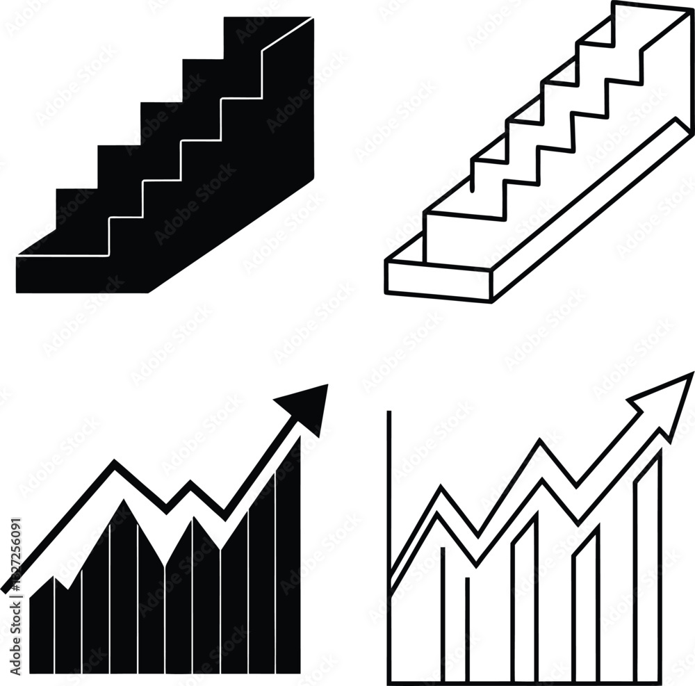 Isometric Staircase and Growth Chart Icons Progress, Success, and Ascent Isometric Staircase and Growth Chart Icons Progress, Success, and Ascent
