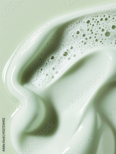 Light green cosmetic cream foam texture background creating bubbles