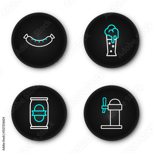 Set line Dispenser beer, Beer can, Glass of and Sausage icon. Vector