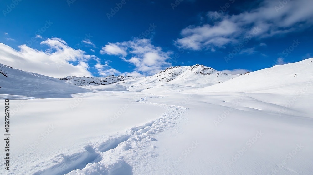 Fresh snow covering a wide and peaceful valley under a bright blue sky with scattered clouds : Generative AI Fresh snow covering a wide and peaceful valley under a bright blue sky with scattered clouds : Generative AI