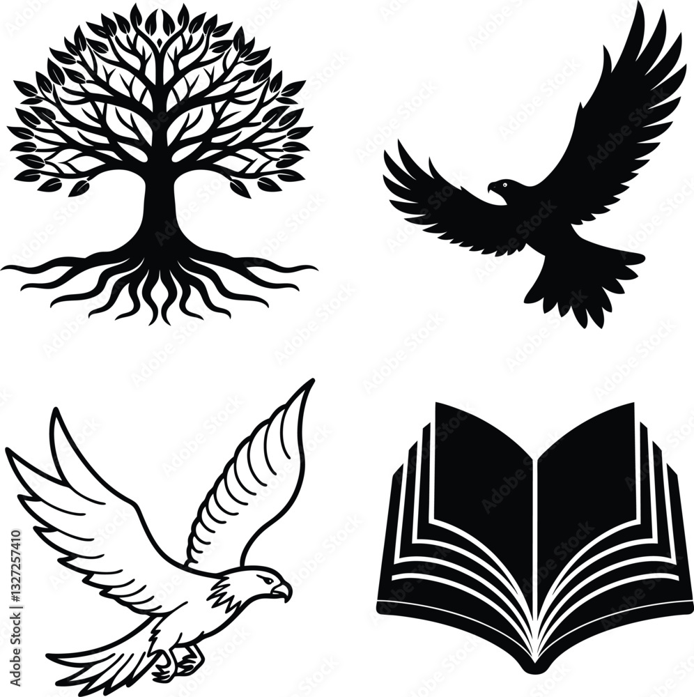 Fototapeta premium Tree of Life, Eagle Soaring, Open Book, Knowledge Symbols