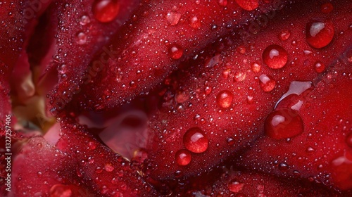 Close-up of vibrant red flower petals with water droplets, soft focus background