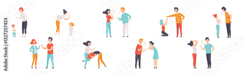 People Fighting and Quarreling Making Loud Public Scandal Vector Set