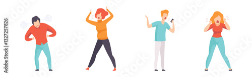 Angry and Furious People Characters Shouting and Steaming Vector Set