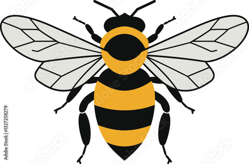 Detailed illustration of a honey bee with vibrant yellow and black stripes in a minimal flat design vector art
