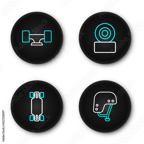 Set line Skateboard helmet, Longboard or skateboard, wheel and icon. Vector