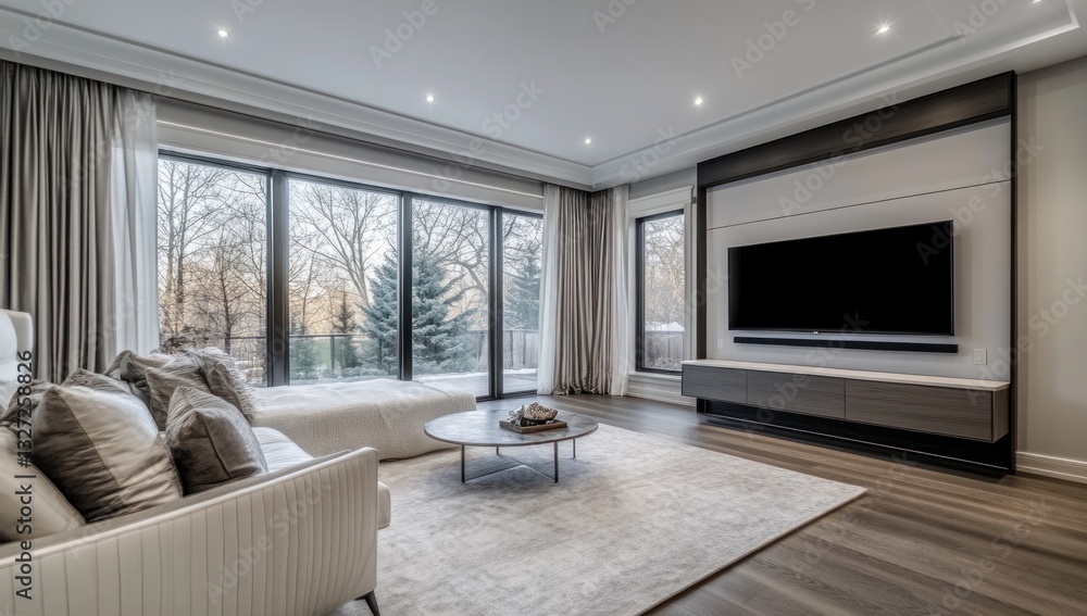 Modern living room with large windows overlooking a park Modern living room with large windows overlooking a park