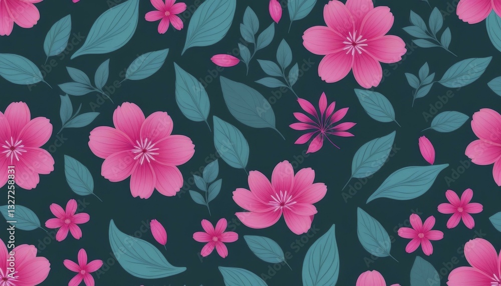 Seamless Floral Pattern with Pink Flowers and Teal Leaves on Dark Teal Background Seamless Floral Pattern with Pink Flowers and Teal Leaves on Dark Teal Background