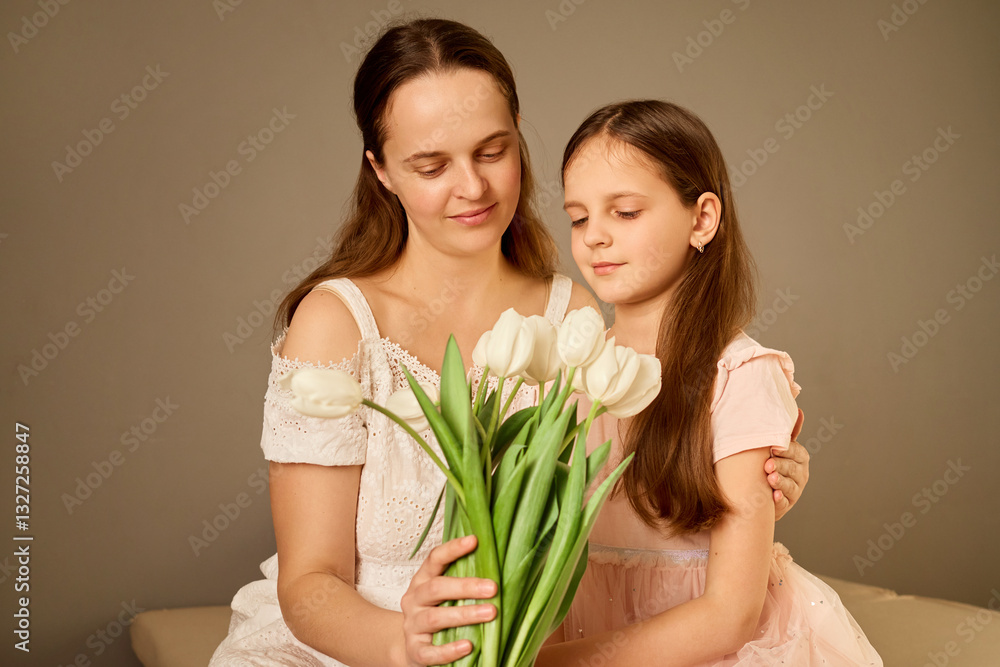 Obraz premium A woman and a young girl sit closely together, gazing at a bouquet of white tulips. The soft lighting enhances their warm expressions and the intimate atmosphere of the room