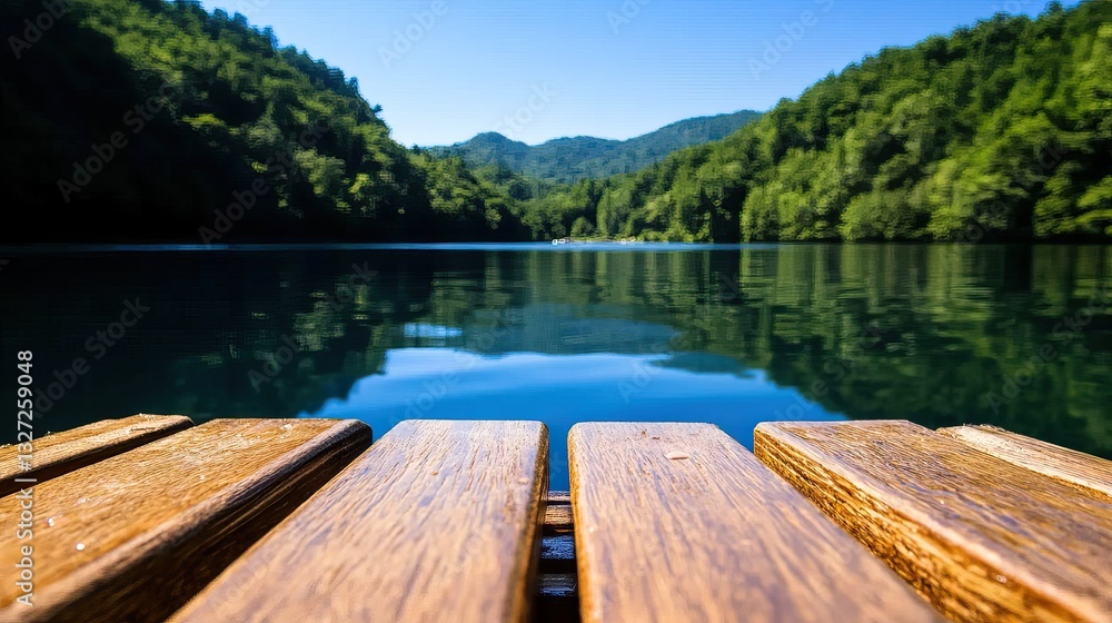 A serene wooden dock extends over a calm blue lake, surrounded by lush green hills under a clear sky, inviting tranquility and nature's beauty. A serene wooden dock extends over a calm blue lake, surrounded by lush green hills under a clear sky, inviting tranquility and nature's beauty.